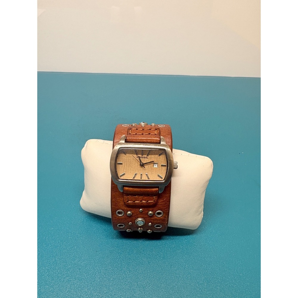 Fossil Brown Leather Cuff Watch Studded Grommet Rectangle Wood Grain Dial Date